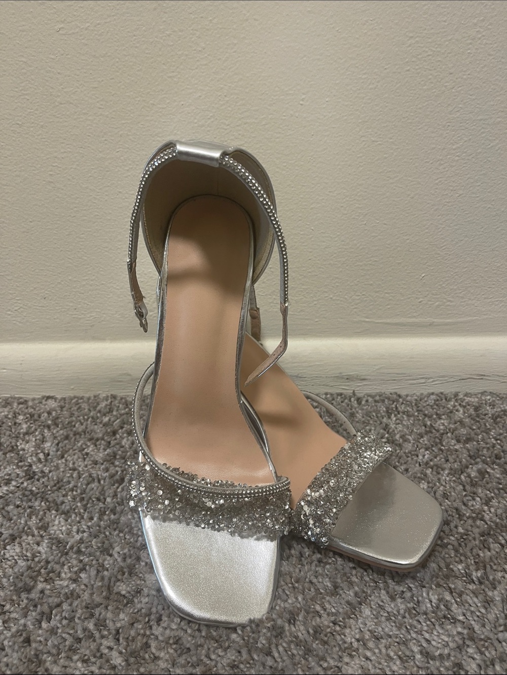 SHEIN Silver Beaded Open-Toe Ankle-Strap Heels